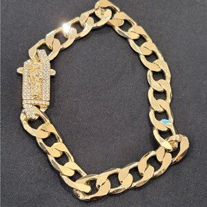 Gold-Tone Cuban Link Bracelet with Pave Clasp